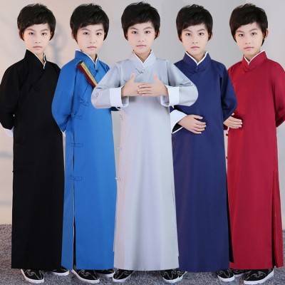 Black Chinese boy's Crosstalk Sketch Storytelling Performance Clothing Long Cotton linen Dress Robe Gown Two Side Kung Fu Tai Chi Tops