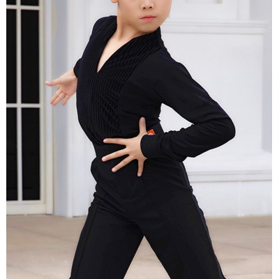 Boy black velvet  competition ballroom latin dance shirts long sleeves v neck modern latin ballroom dance body tops for boys