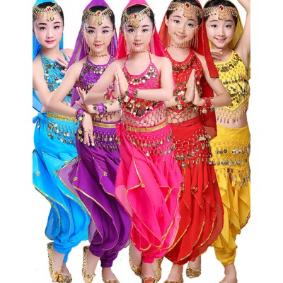 Children kids red yellow blue Indian Queen belly Dance Costumes Children's Xinjiang performance dresses girls bollywood belly dance clothes 