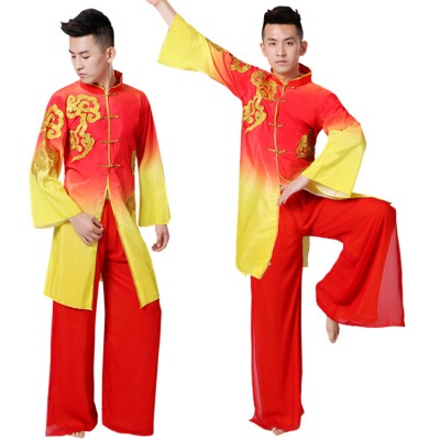 Chinese ancient traditional classical folk dance costumes for men male red with gold dragon drummer kungfu martial dancing clothes robes