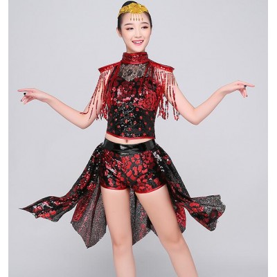 black and red sequined paillette fringes women's girl's photos model modern dance jazz singers dancers hiphop dancing outfits costumes