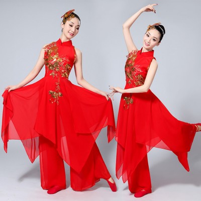 Chinese folk dance costumes for women's male competition red gradient yangko fan drummer dance performance dresses 