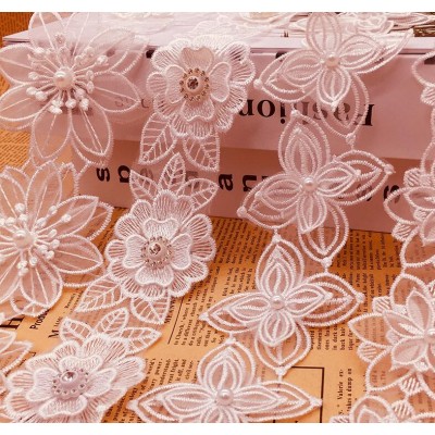 15yard White lace trim ribbon retro 3D rose flowers appliques for DIY Sewing Wedding kids princess clothing shoes hats headdress home decor curtain bag DIY craft accessories