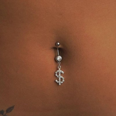 2PCS trend silver gold bling dollar navel ring Sexy Rhinestone Navel Nail Ladies Piercing Jewelry Body Chain