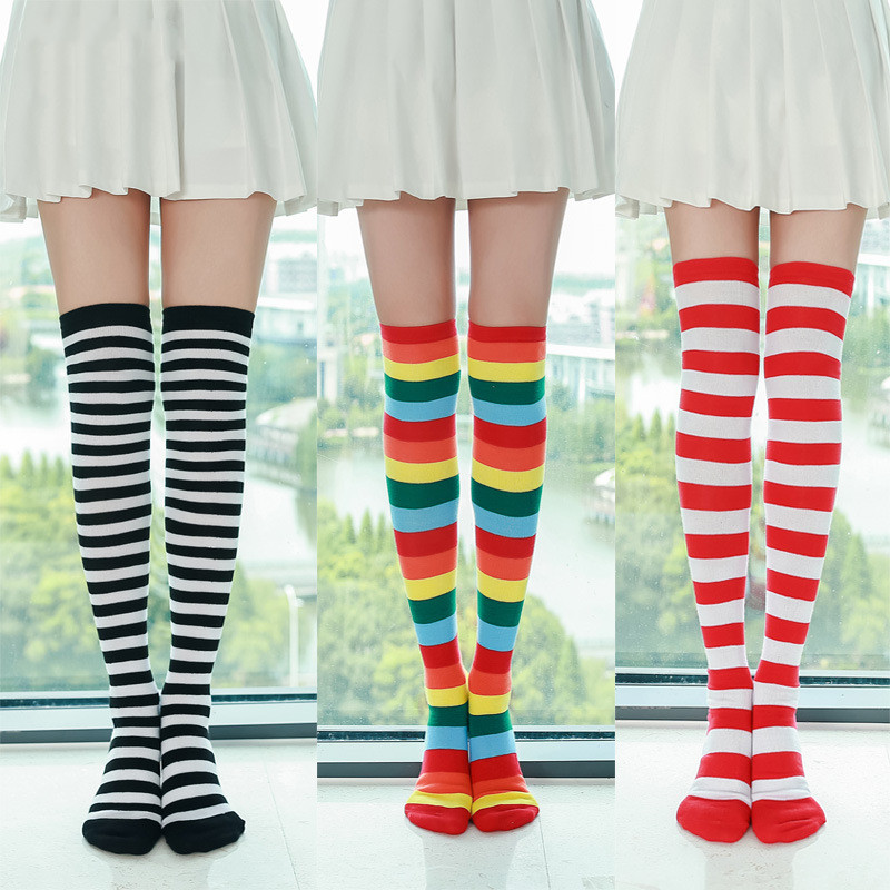 3pairs women young girls rainbow cheerleaders striped stockings adult Japanese style over-the-knee thigh socks JK uniform college schoolgirl cosplay stockings for women