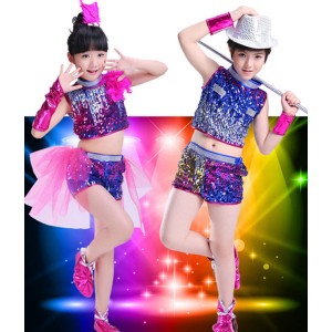 4Y-16Y Children's pink blue jazz Dance Costumes Child Modern Stage Shows Sequins Girls Boy Hip Hop Dancing Costumes 
