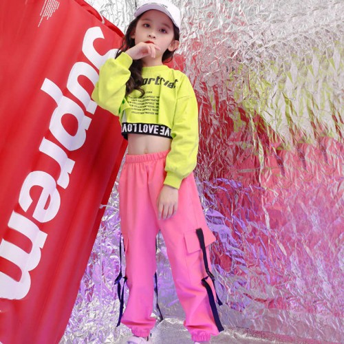Pink cargo pants hiphop costumes girls street dance costumes girls hip-hop dance suit girl children Rapper singers outfits