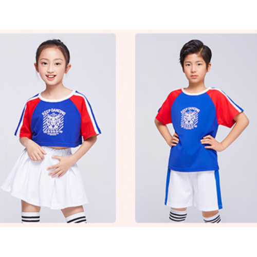 Children blue with red white Street hiphop jazz dance clothing children boys girls jazz dance costumes cheerleading outfits for kids