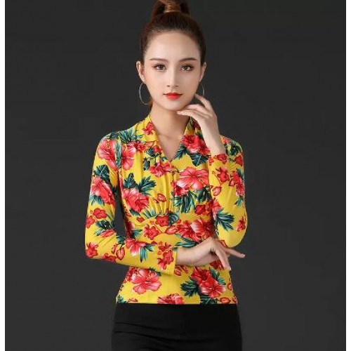 yellow red rose flowers Latin Ballroom Dance Tops For Women ballroom salsa rumba cha cha dancing clothes long sleeve dance costumes for lady