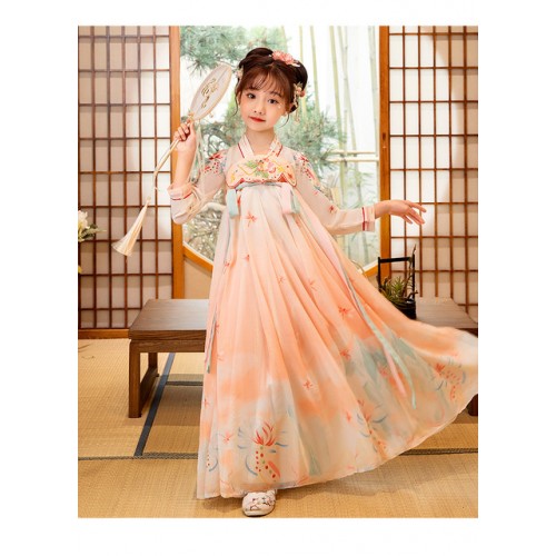 Green pink floral hanfu for kids Chinese style traditional folk costumes girls chest full skirt fairy tang suit photos shooting gift drama cosplay kimono dresses