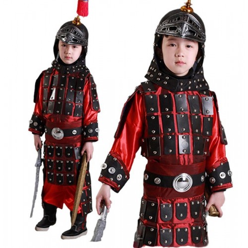 Boy Chinese ancient folk warrior swordsman cosplay costumes general armor clothes Ancient soldier hanfu Yue Fei Man Jiang Hong Performance Costume for kids