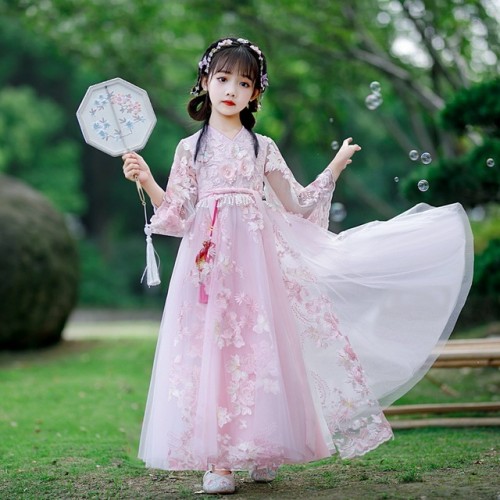 Kids girls light purple pink hanfu fairy dresses Tang Under Skirt Princess Children princess Fairy Long Sleeve  anime drama cosplay kimono Dress