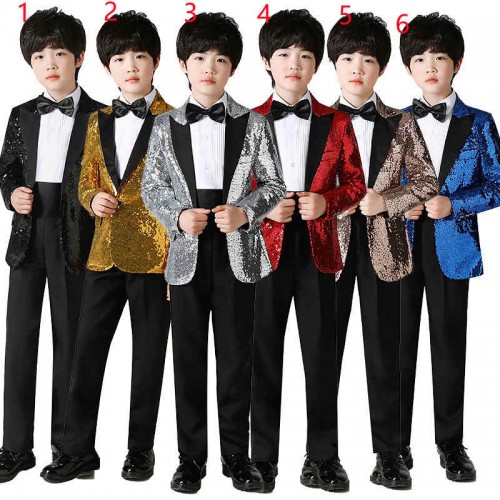 Children royal blue gold silver red sequined color host singers jazz dance blazer stage performance Dress suits set piano performance model show art test host outfits for boy