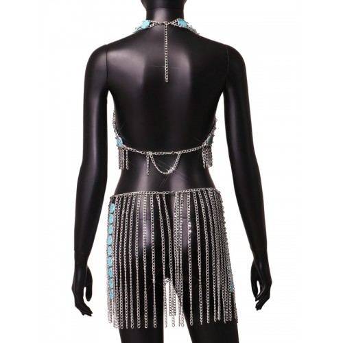 Turquoise sequined jazz dance outfits for women girls Slim fit open back European and American night club bar hot dance metal tassel tops and skirts beach suspender suit