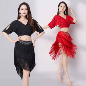 Women girls black red fringe latin dance dresses Belly dance practice suit Eastern dance Latin performance wear for female