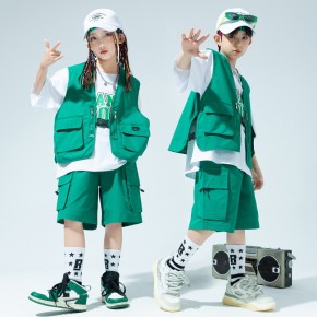 Girls hiphop dance costumes green street outfits rapper singers jazz dance clothing catwalk show clothes for boys kids jazz dance performance suit