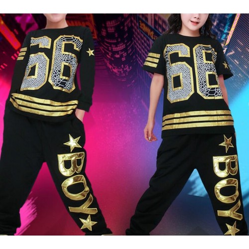 Black with gold fashion boys girls baby children school competition hip hop modern dance outfits costumes