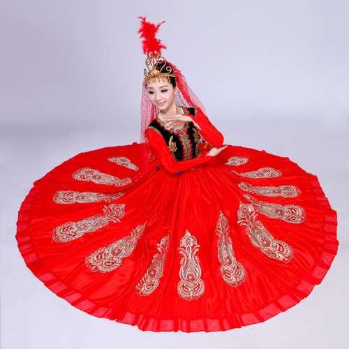 Women's chinese folk dance costumes red black xinjiang belly stage performance cosplay photos dancing dresses
