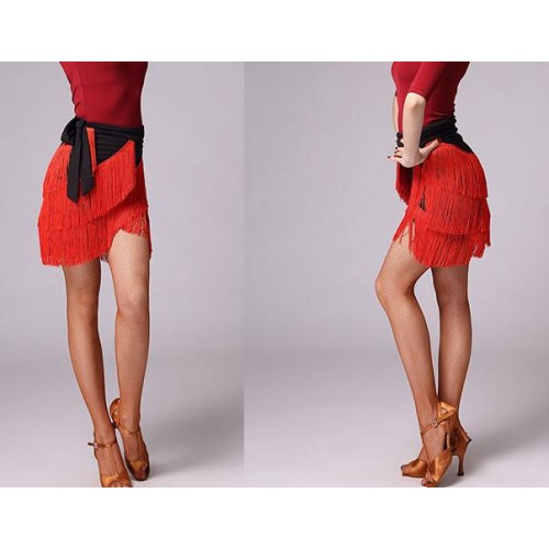 Women's latin skirt wrap hip scarf red royal blue black pink white  rumba salsa chacha samba performance fringes skirt