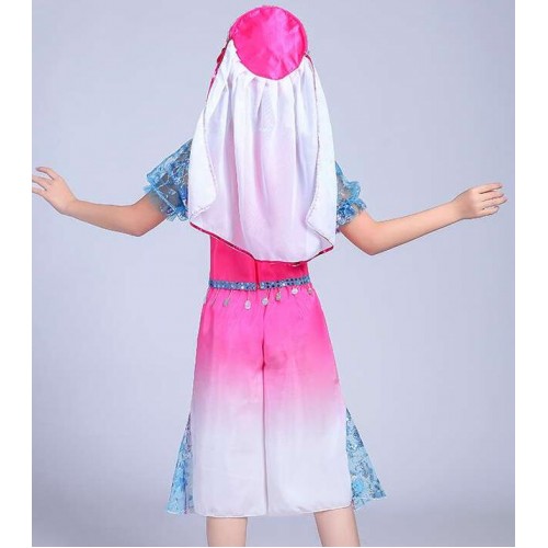 Kids chinese folk dance costumes  for girls pink gradient color ancient stage performance yangko classical dancing tops and pants