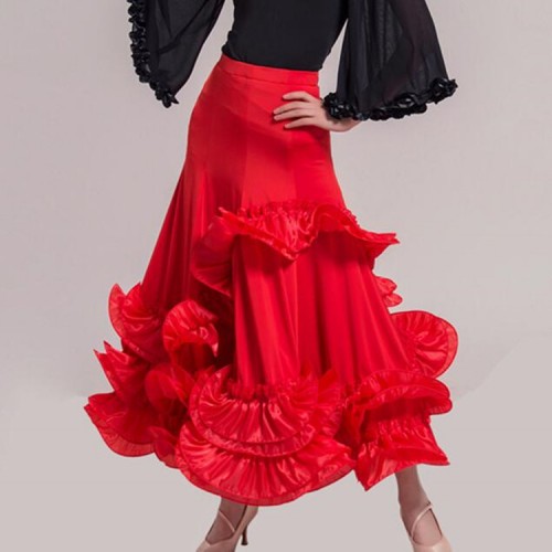 Custom size Competition Ballroom dance skirts for women female red wine royal blue black competition stage performance waltz tango dancing swing skirts