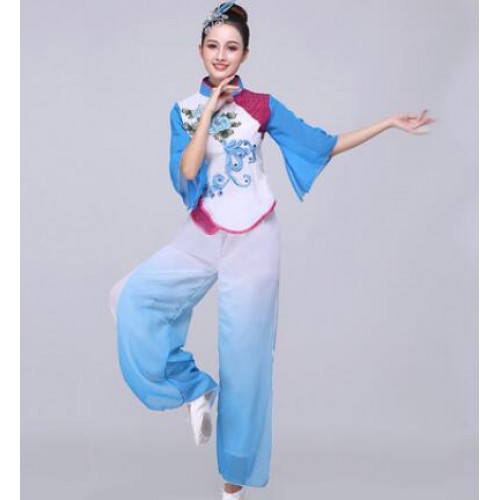 Women's chinese folk dance dresses fuchsia ancient traditional fairy yangko stage performance fan dance costumes dresses