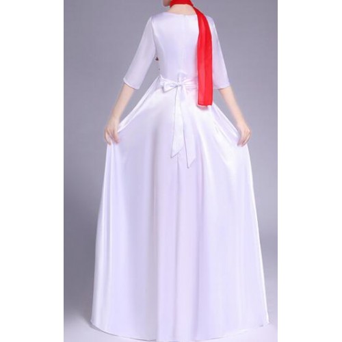 Women's Chinese folk dance dresses white colored Chinese dresses qipao chorus host stage performance opening dance dresses