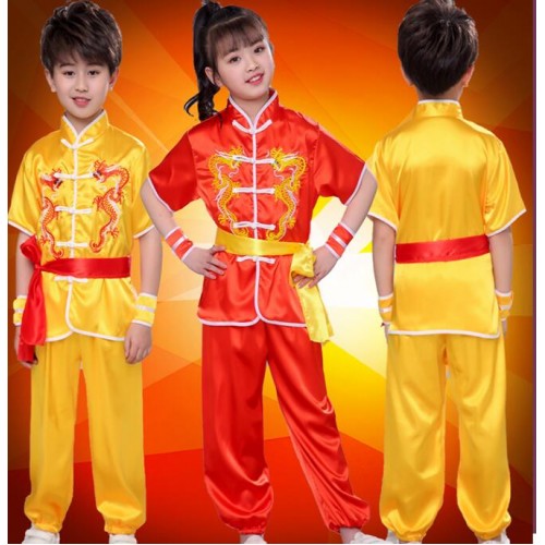 Children chinese folk dance costumes boys girls ancient traditional chinese taichi kung fu martial wushu stage school competition outfits 