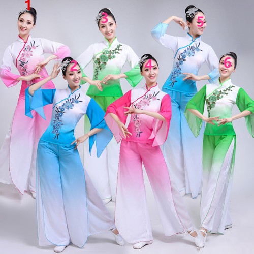 Women's Chinese folk dance dresses yangko fan umbrella dance ancient traditional stage performance drama classical dance costumes