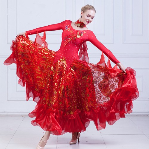 Flamenco red ballroom dance dresses for women Robe de danse de salon waltz tango competition diamond stage performance costumes 