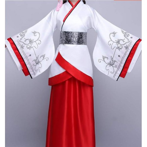 Hanfu women white with red chinese folk dance costumes fairy drama ...