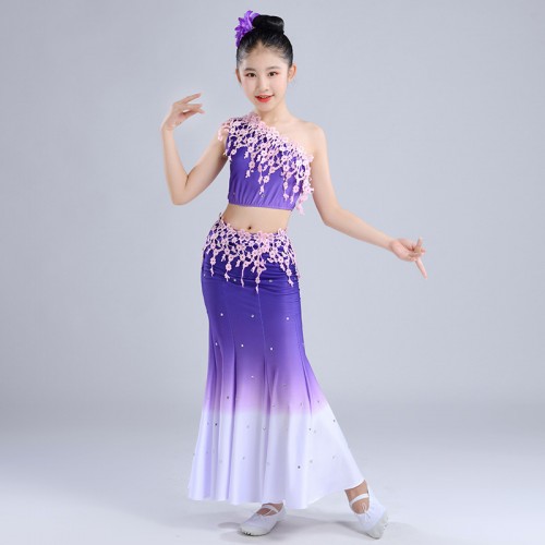 4 Colors 3 Sizes Kids Girls Belly Dance Costume Peacock Top, Fishtail Skirt