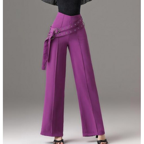 Women black wine purple wide leg Latin dance pants Women high-waist ballroom dancing pants performance trousers