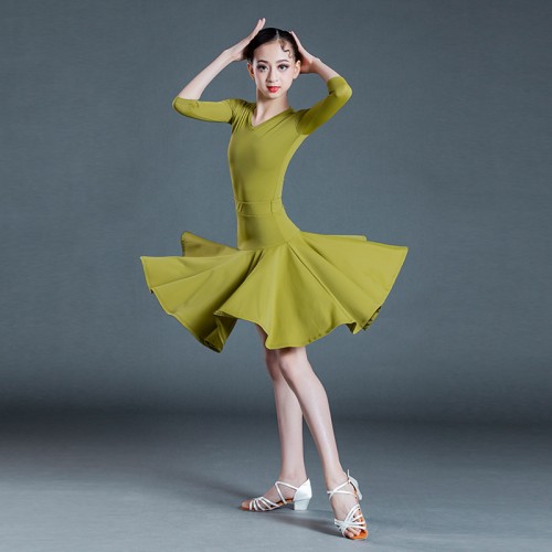 Kids olive green Ballroom latin Dance dress for girls kids without fishbone  skirts regulations competition stage