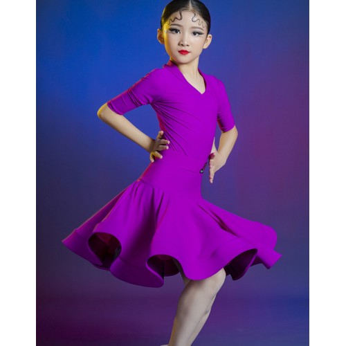 Violet purple ballroom latin dance dresses for kids girls professional stage performance latin dance costumes modern dance outfits for children