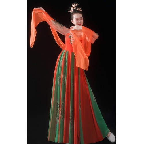 Red with green water sleeves hanfu for women Tang Dynasty empress dance dress Chinese folk dance costume ancient traditional classical dance performance dress female