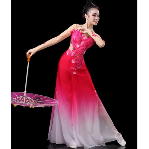 Chinese folk Classical dance costume women Chinese fan umbrella modern dance dresses jasmine performance costume Adult chinese folk dance dresses