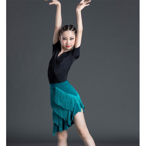 Green red coffee black tassels Latin dance dress for kids girls short-sleeved ballroom dance costumes stage performance Latin performance clothes