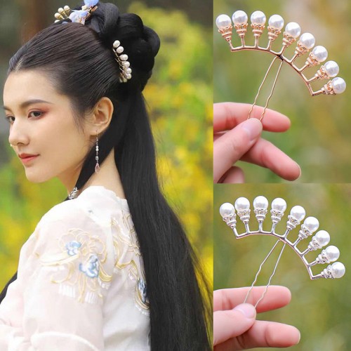 Fairy princess ancient style Hanfu hair comb headdress for women girls stage performance photos ancient hair ornament hair crown pearl row Tang ming hairpin U-shaped clip