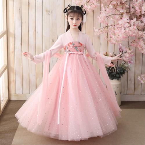 Girls kids blue pink gradient chinese fairy hanfu birthday party princess dress chinese ancient folk costumes stage performance cosplay dress for children