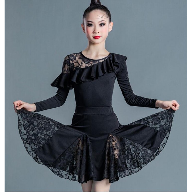 Black with wine red Latin dance dresses for girls kids modern dance ...