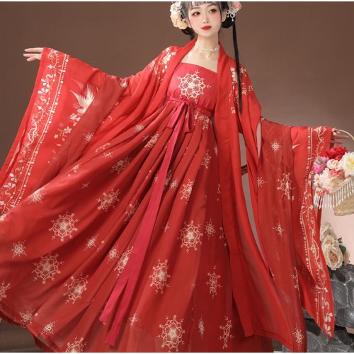 Red green fairy Hanfu fairy dress for women girls Tang Han Ming dynasty empress queen princess cosplay dress photos shooting chinese ancient folk costumes 