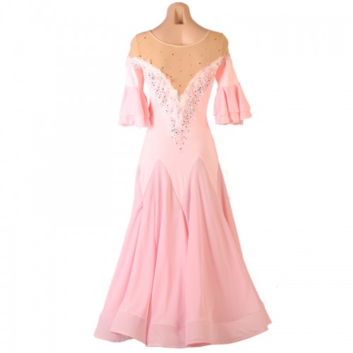 Light pink with lace flowers diamond competition ballroom dancing dresses for women girls waltz tango standard foxtrot smooth dance long skirt for female