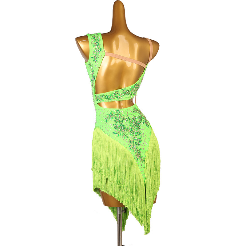 Custom size competition tassels fluorescent green latin dance dresses ...