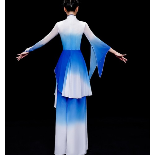 Women girls royal blue with white gradient  Chinese folk dance dresses ancient traditional classical fairy hanfu fan yangge umbrella dance costumes for female