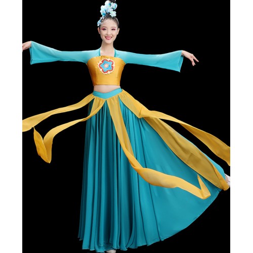 Women chinese folk dance dress Fairy dance Hanfu turuqoise with yellow big skirts ancient traditional classical fan umbrella dance costumes for female