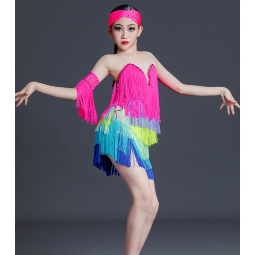 Girls kids rainbow tassels competition latin dance dresses Juvenile flowy  layer fringe salsa ballroom latin stage performance costumes for Children-  Content : Dress with shorts and heaband and flowy fringe arm