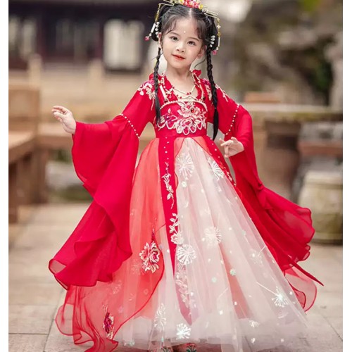 Red Hanfu Fairy Chinese Princess Folk Dance Dresses for Girls kids Han Tang Empress Queen  Drama Film Cosplay Kimono Dress for Children