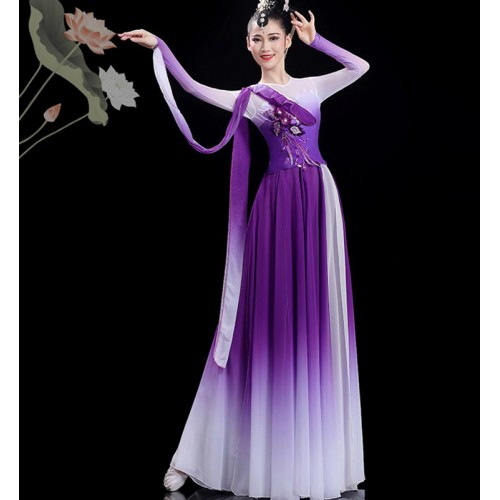 Women girls violet gradient Chinese Folk Dance Dress Hanfu Ancient traditional Yange Umbrella Fan Classical Dance Costumes 