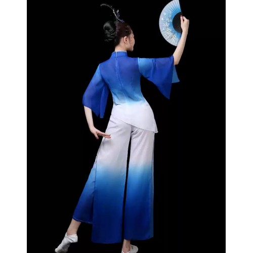 Women Royal Blue Gradient Chinese Folk Dance Dresses Umbrella Yangge Fan Traditional classical dance costumes for female
